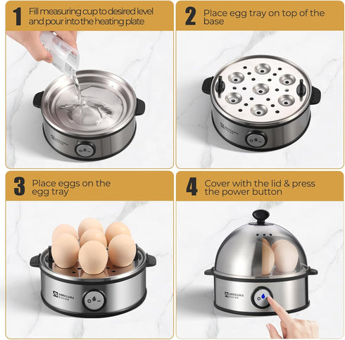 7 360W, Annie & Mia Design Electric Egg Cooker, All Stainless Steel Egg Capacity egg boiler, Hard, Medium, Soft Boiled