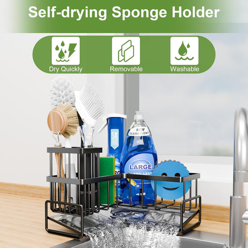 90-Degree Countertop Fikoksol Large Sponge Holder for Kitchen Sink, Sink Caddy Organizer with Dish Brush Holder