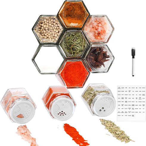Set of 10 Magnetic Spice Jars for Refrigerator, Glass Hexagon Containers with Labels and Shaker Lids