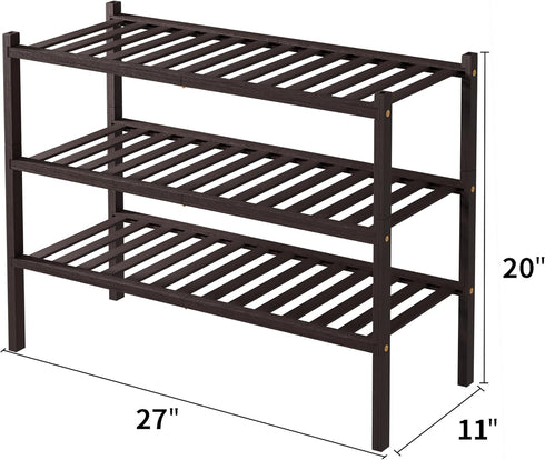 ROMGUAR CRAFT 3 Closet 27"x11"x20" Tier Bamboo Shoe Rack for Free Standing Wood Shoe Shelf for Entryway Small Space