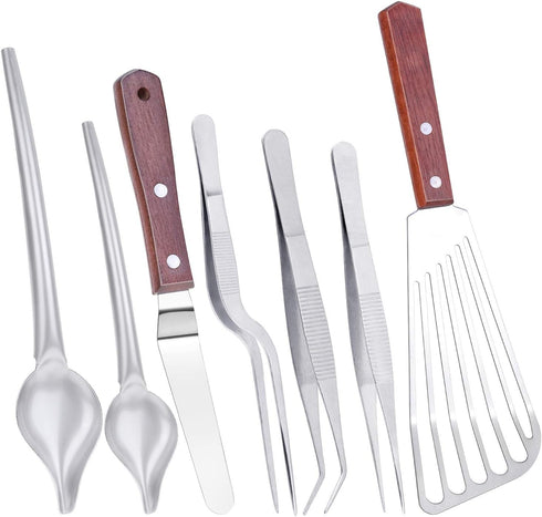 Cridoz 7 Pcs Stainless Steel Kitchen Cooking Plating Tweezers, Tongs, Spoons, Offset Spatula for Food