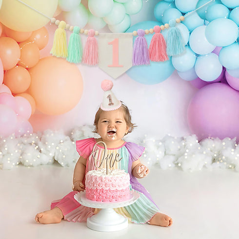 1st Handmade Boho Macaron Theme Birthday High Chair Banner for Baby Girls with Pink First Birthday Cone Hat and One
