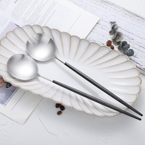 Salad Servers Spoon and Fork Set, 11.41 inch, 18/10 Stainless Steel with Titanium Plating (Black Silver)