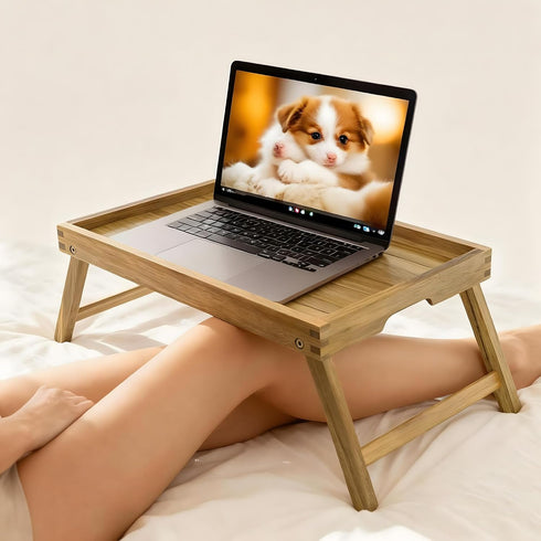 VaeFae Acacia Bed Table Tray, Wooden Breakfast Tray with Folding Legs, Bed Tray for Eating and Laptop, Eating Trays