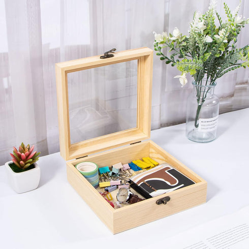 Unfinished Wooden Display Box with Glass Top, Small Hinged Lid Keepsake Storage Box for Jewelry and Home Decorations