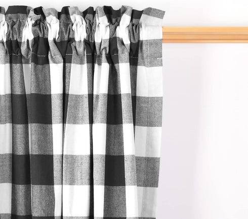 3 Pc Classic Cotton Kitchen Window Curtain Set - Black & White Buffalo Check Tier & Valance, 54" x 18" / 27" x 36"