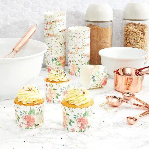 Sparkle and Bash 50 Pack Floral Cupcake Wrappers for Wedding, Watercolor Flower Paper Baking Cups and Muffin Liners for Garden Tea Parties, Baking Favors, Bridal or Baby Showers- (2.25 x 2.75 In) by Sparkle and Bash