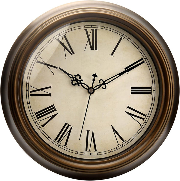 Plumeet 13'' Large Metal Wall Clock, Non-Ticking Retro Silent Iron Decorative Clock with Roman Numerals, Brown