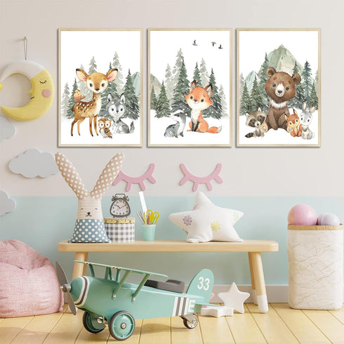 3Pcs 12x16in Woodland Animal Nursery Canvas Wall Art Forest Adventure Theme Animals Picture Posters Wall Decor Cute