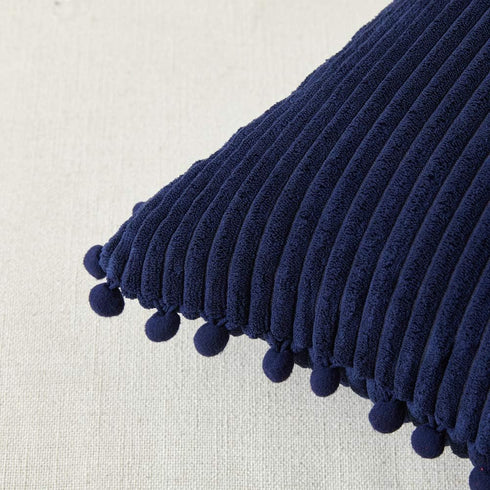 Fancy Homi Pack of 2 Decorative Throw Pillow Covers, Navy Blue Corduroy with Pom-poms, 18x18 Inch Cushion Case Set