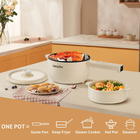 Dezin Electric Cooker, 2L Non-Stick Sauté Pan, Mini Pot for Steak, Egg, Fried Rice, Ramen, Oatmeal