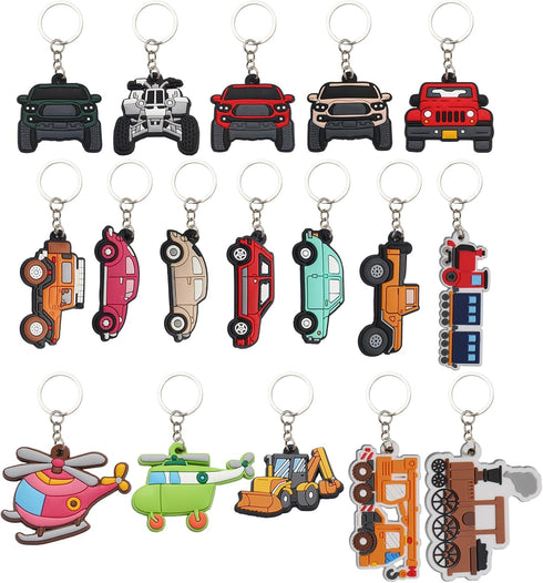 Gala Glow 17 Pack Car Keychain Set, Cartoon Vehcile Train Airplane Silicone Keyrings for
