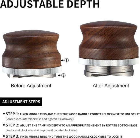 53mm Coffee Distributor, Adjustable Depth Espresso Distribution Tool with Walnut Wood Handle, Fits 54mm Breville