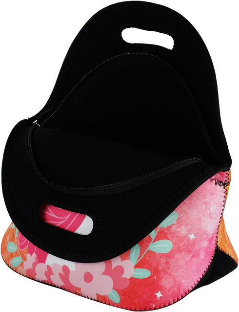 Violet Mist Cute Unicorn Neoprene Lunch Bag, Pink Reusable Insulated Lunch Box with Zipper for Work Gifts