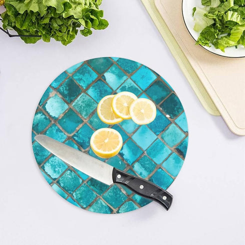 Tempered Glass Cutting Board, Turquoise Blue Pattern, 8" Round Kitchen Decorative Chopping Board