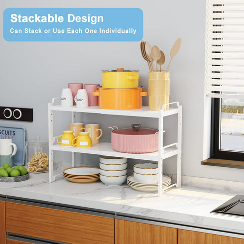 X-cosrack 2 Pack Counter 22 lbs Length:20.5" Expandable Kitchen Cabinet Shelves Organizers, Stackable Adjustable Small