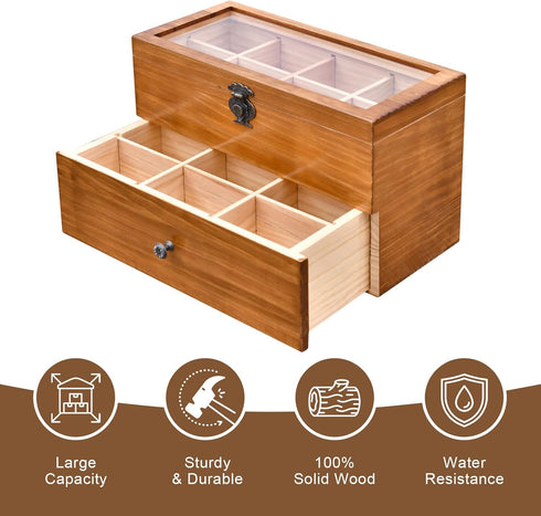 2-layer 14 WELLAND Wood Tea Bag Organizer, Storage Box with Clear Acrylic Window, Compartments Large Capacity Tea Bag
