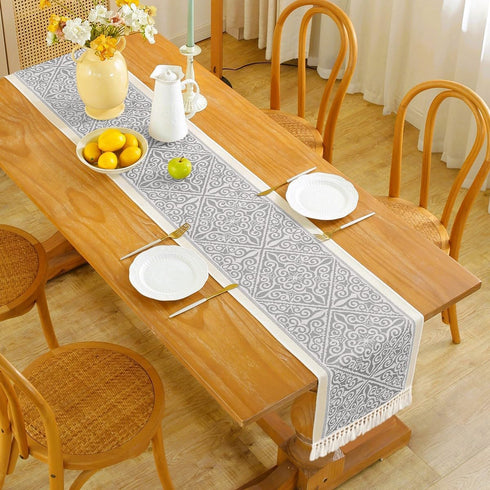 Grey14 x94 Floral Coffee Table Runner for Living Room Kitchen Farmhouse Bordered Dining Table Runner with Fringe