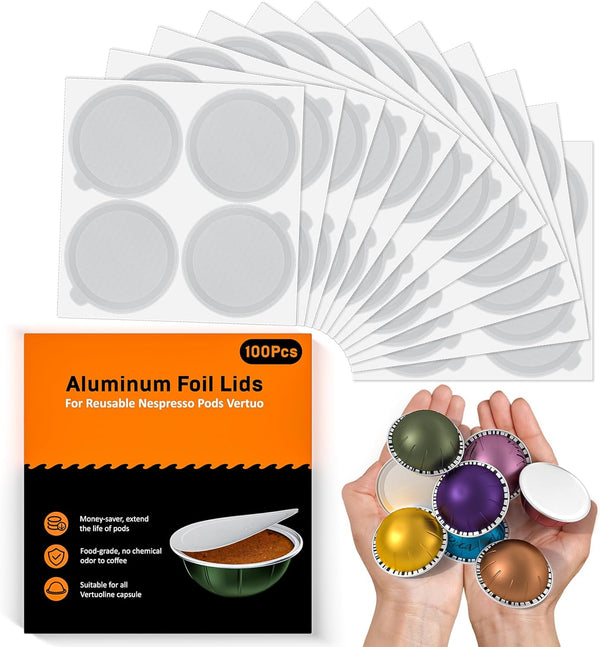 Aluminum Foil Lids for Reusable Vertuo Pods, Upgraded 96 PCS Thick Foil Seal Cover for Nespresso Refill Kit