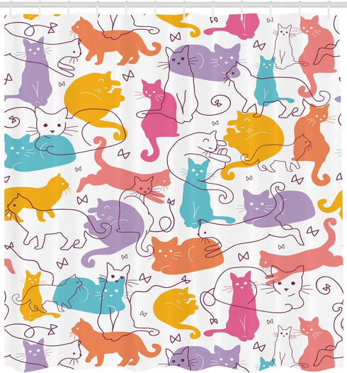 Ambesonne Cat Shower Curtain, Colorful Cats Modern Line Art, Cloth Fabric Bathroom Decor, 69" W x 70" L
