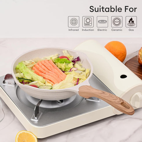 JEETEE 8 Inch Nonstick Frying Pan, Stone Coating Cookware, Induction Skillet with Heat-Resistant Handle (Beige)