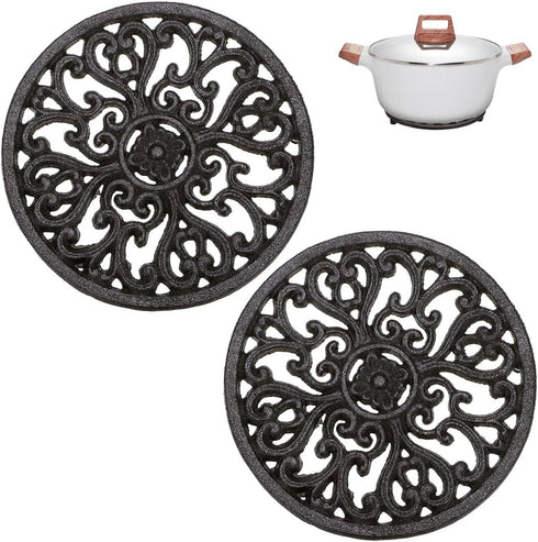 Sumnacon 2Pcs Round Cast Iron Trivets, 6.7 Inch Heat Resistant Iron Holders for Hot Dish, Rustic Kitchen Dining Table