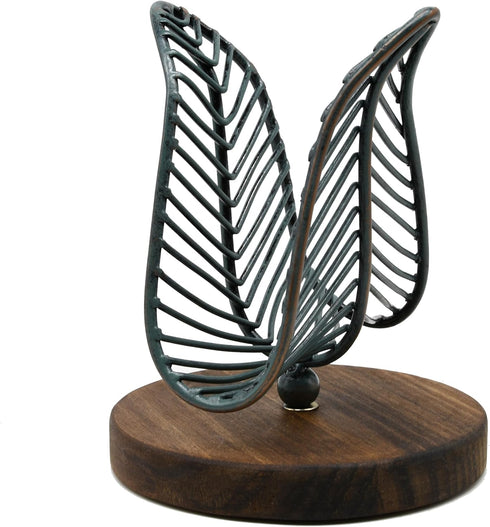 OwlGift Freestanding Modern Napkin Holder, Golden Turquoise Wrought Iron Leaf & Brown Wooden Base Design, Tissue