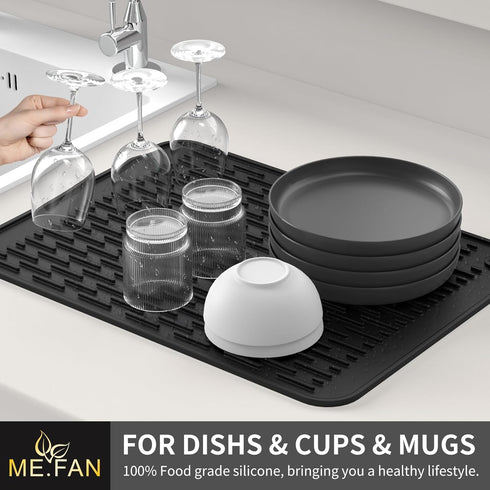 ME.FAN Silicone Dish Drying Mat for Kitchen Counter, Dish Drying Pad for Sink, 12'' x 8'' (Black)