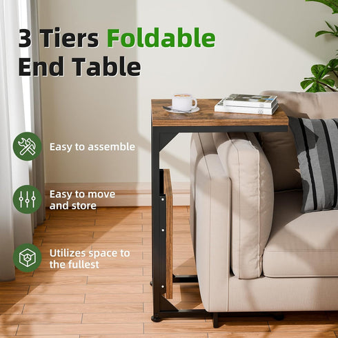 2 Simple Trending C Shaped End Table for Couch, Foldable Table with Shelf Storage, TV Tray Table for Sofa Bedside