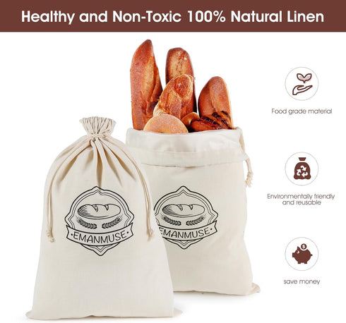 2-Pack 12x17.5 Inch Linen Bread Bags for Homemade Bread & Sourdough, Unbleached with TPU Lining - Reusable Washable