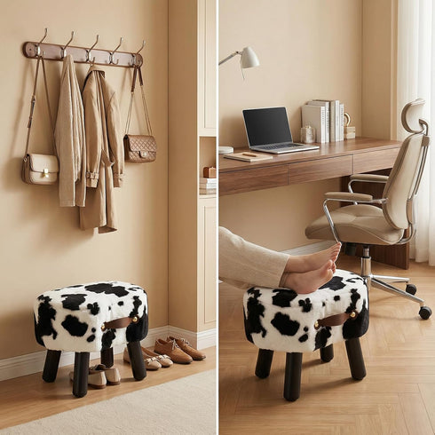 Small Footstool with Handle, Faux Fur Ottoman Foot Rest with Padded Seat, Curved Foot Stool with Wooden Legs, Portable
