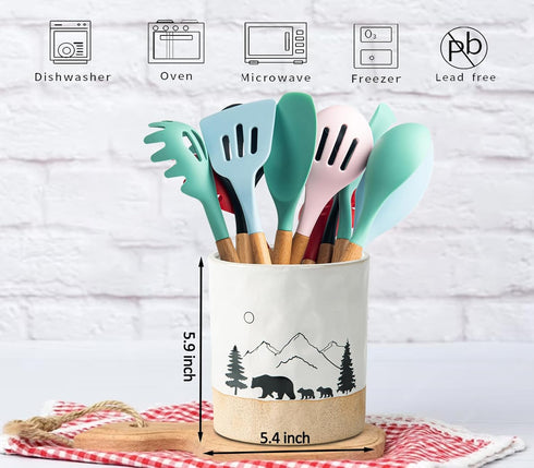 Bear Utensil Holder for Countertop, Ceramic Kitchen Utensil Crock, Large White Cooking Utensil Holder with Forest Design