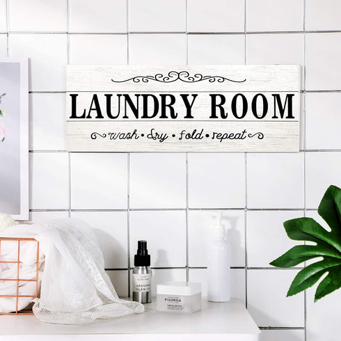 Laundry Room Decor Sign, Wooden Rustic Farmhouse Family Wall Sign, Wash Dry Fold Repeat, 16 x 6 Inches, White