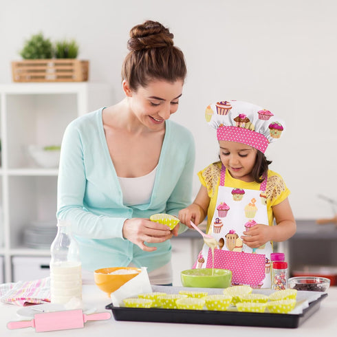 Kids Chef Hat and Apron Set, Toddler Apron for Girls with Large Pocket for Cooking and Baking