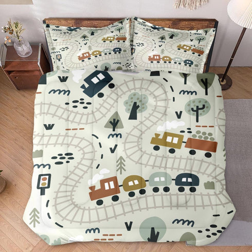 Set 2 Cozy Set Comforter with Pillowcases Queen Size, Cartoon Car Train Road Map, Bed Decor Cute Forest Traffic Baby
