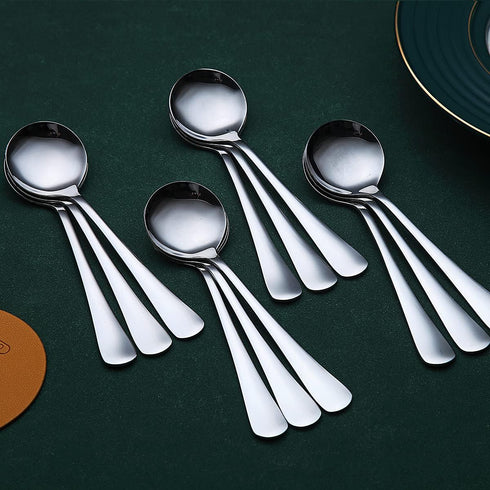 Berglander 12 Soup Spoons Set, 7.5" Stainless Steel Round Silverware, Sturdy Easy To Clean Table Spoon Set, Dishwasher