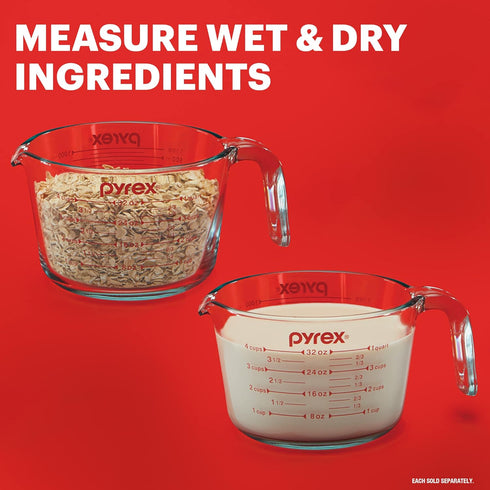 Pyrex 4-Cup Glass Measuring Cup For Baking and Cooking, Dishwasher, Freezer, Microwave, and Preheated Oven Safe, Essential Kitchen Tools by Pyrex