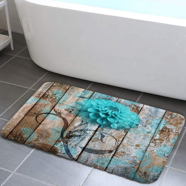 Farmhouse Floral Flower Bath Mat, Teal Dahlia Rustic Wooden Plank Country Barn Wood Non-Slip Doormat (16X24)