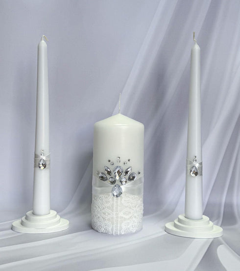 Unity Candle Set for Wedding Ceremony & Reception – 6” Pillar & Two 10” Taper Candles – Handmade in USA, White