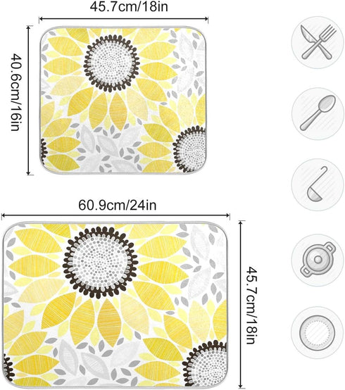 Sunflowers Dish Drying Mat for Kitchen, 16x18 Microfiber Absorbent Reversible Mat