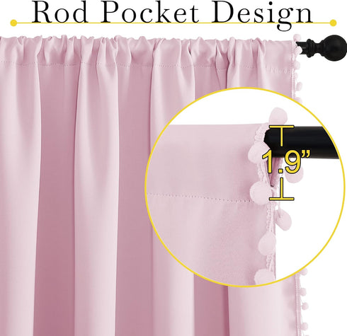52" 84" 2 NICETOWN Pom Pom Blackout Curtains for Girls Bedroom Boho Pink Window Curtains for Nursery Rod Pocket Thermal