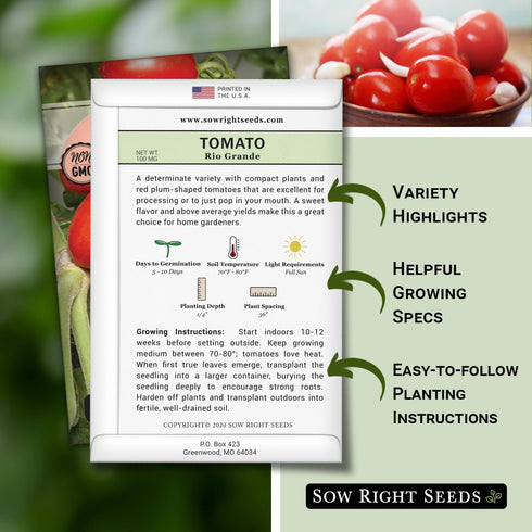 Packet (1) Sow Right Seeds - Rio Grande Tomato Seeds for Planting - Non-GMO Heirloom with Instructions to Plant a Home
