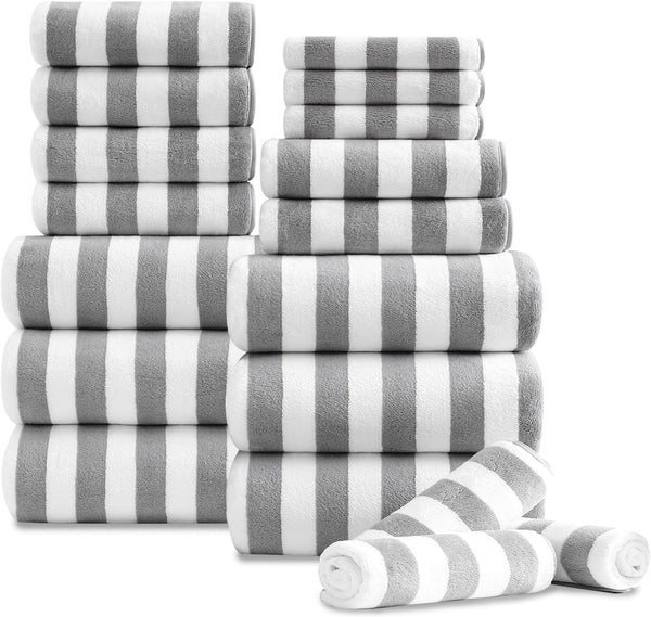 18 Pcs Light Gray Stripe Bath Towel Set with Hanging Loop-6 Bath