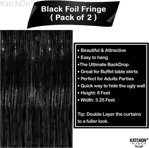 KatchOn XtraLarge Black Streamers | 3.2x8 Feet, Pack of 2 for Black Party Decorations, Tinsel Backdrop
