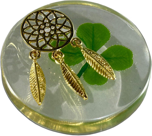 Real Four Leaf Clover Good Luck Pocket Token, 1.25” Preserved, Including Metal Ornament (Dream Catcher)