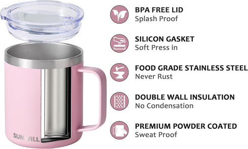 SUNWILL Insulated Coffee Mug - 14 oz Stainless Steel Travel Tumbler with Lid, Powder Coated Sakura