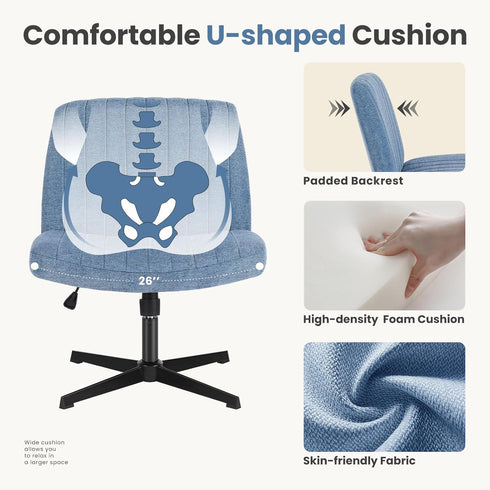 Armless DUMOS Criss Cross Legged Chair Wide Comfy Home Office Desk Seat, No Wheels Computer Task Seating, Swivel Vanity