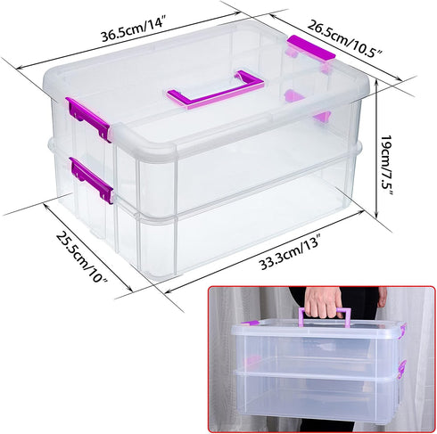 JUXYES 2-Tiers Stack Carry Storage Box, Transparent Stackable Storage Bin with Handle for School Office
