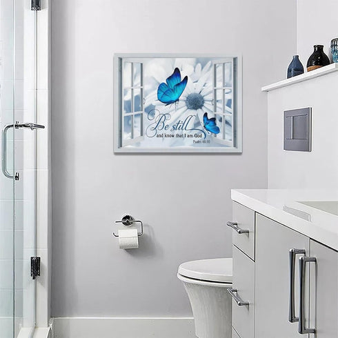 Farmhouse Blue Butterfly Flower Decor - Rustic Country Wall Art, Canvas Painting Prints for Bathroom