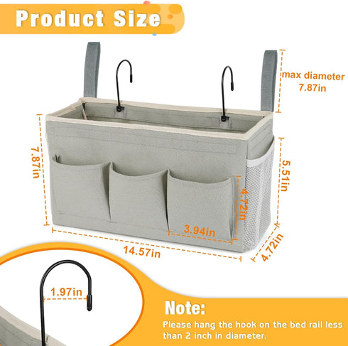 Bedside Storage Organizer with Fixed Straps and Water Bottle Holder for Home, College, Dorm (Grey)